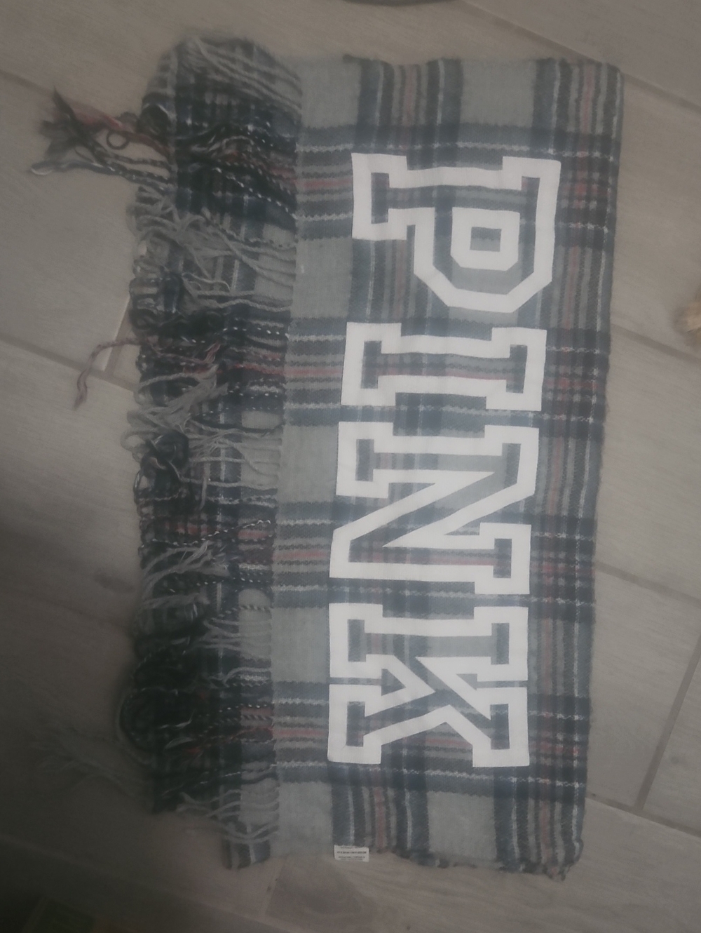 PINK Victoria's Secret Gray Plaid Logo Scarf